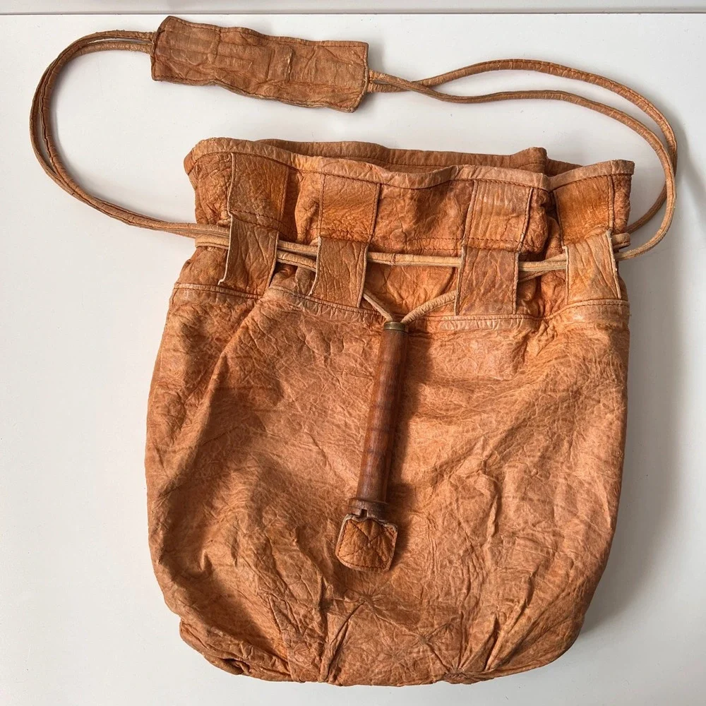 Vintage Susan Riedweg Leather Bucket Bag Large Brown Handmade Hobo Drawstring